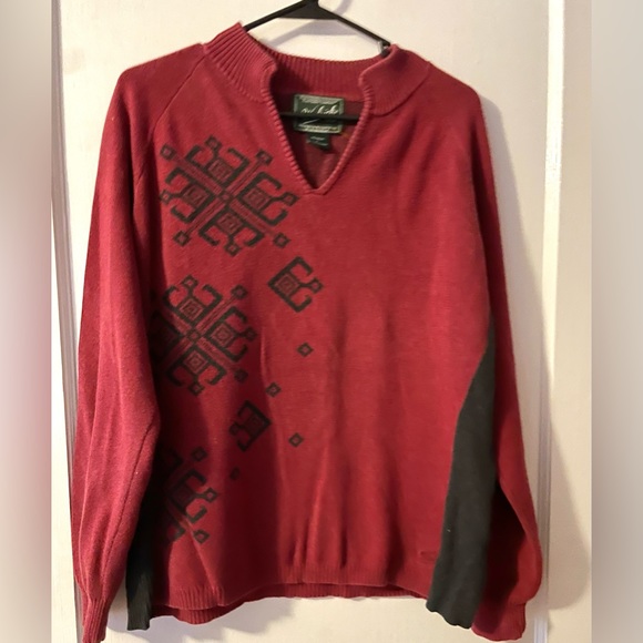 Woolrich  Scandinavian Snowflake V-neck Sweater Size‎ Large Red Gray Cotton Ruby - Picture 1 of 4
